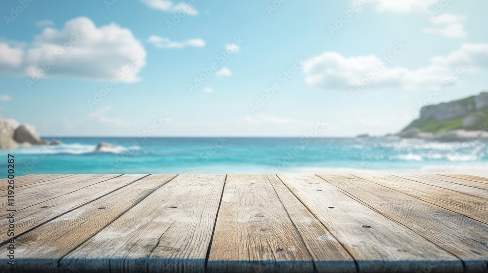 Fototapeta premium Scenic wooden tabletop overlooking a tranquil ocean beach with blue skies and gentle waves in the background