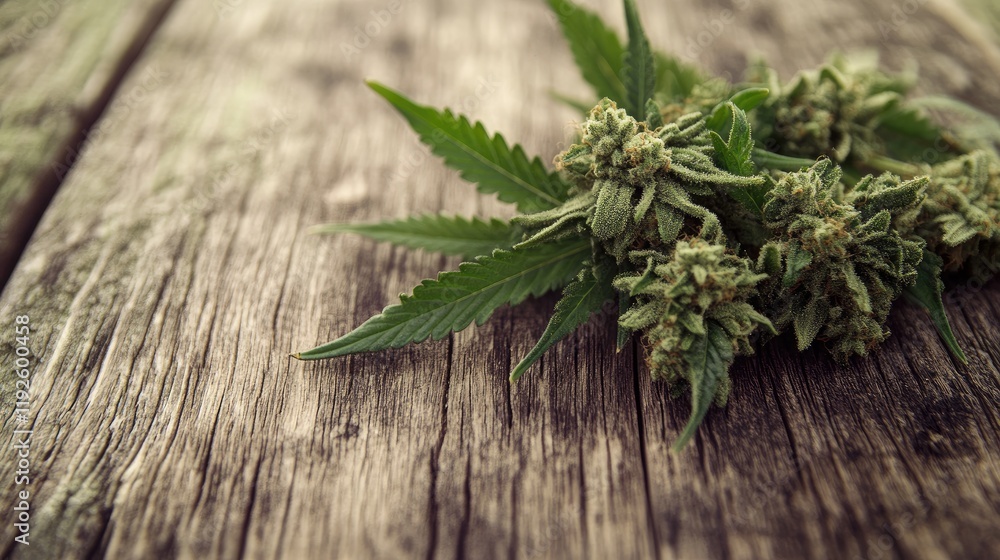 Cannabis Buds and Leaves on Rustic Wooden Surface with Natural Lighting Cannabis Buds and Leaves on Rustic Wooden Surface with Natural Lighting