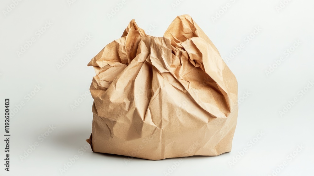 Crumpled brown paper bag with textured surface on neutral white background showcasing artisanal packaging or eco-friendly concepts Crumpled brown paper bag with textured surface on neutral white background showcasing artisanal packaging or eco-friendly concepts