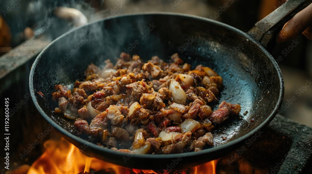 Sizzling Sisig Cooking Over Open Flame Delicious Filipino Dish with Pork and Seasonings Sizzling Sisig Cooking Over Open Flame Delicious Filipino Dish with Pork and Seasonings
