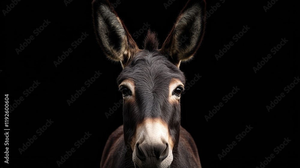 Fototapeta premium Close up of a stubborn donkey with prominent ears against a black background showcasing its unique facial features and character