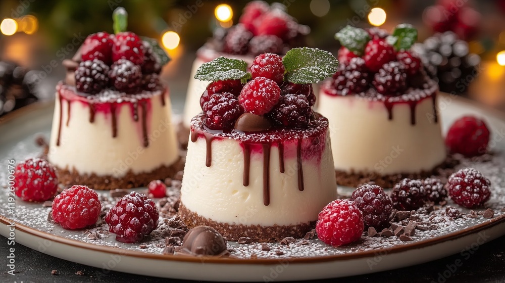 Close-up of mini cheesecakes topped with fresh berries, mint leaves, and chocolate drizzle, served on a festive plate with holiday decor. Close-up of mini cheesecakes topped with fresh berries, mint leaves, and chocolate drizzle, served on a festive plate with holiday decor.