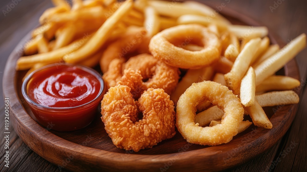 Crispy fast food platter featuring onion rings, chicken nuggets, french fries, and ketchup on a rustic wooden plate Crispy fast food platter featuring onion rings, chicken nuggets, french fries, and ketchup on a rustic wooden plate