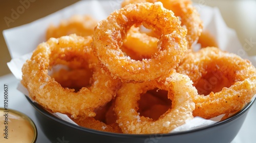 Crispy Homemade Onion Rings Served in a Bowl with Dipping Sauce on a Wooden Table photo