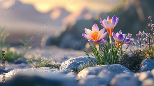 Crocus blossoms emerging in early spring amidst pebbles and soft sunlight, showcasing vibrant colors and natural beauty.