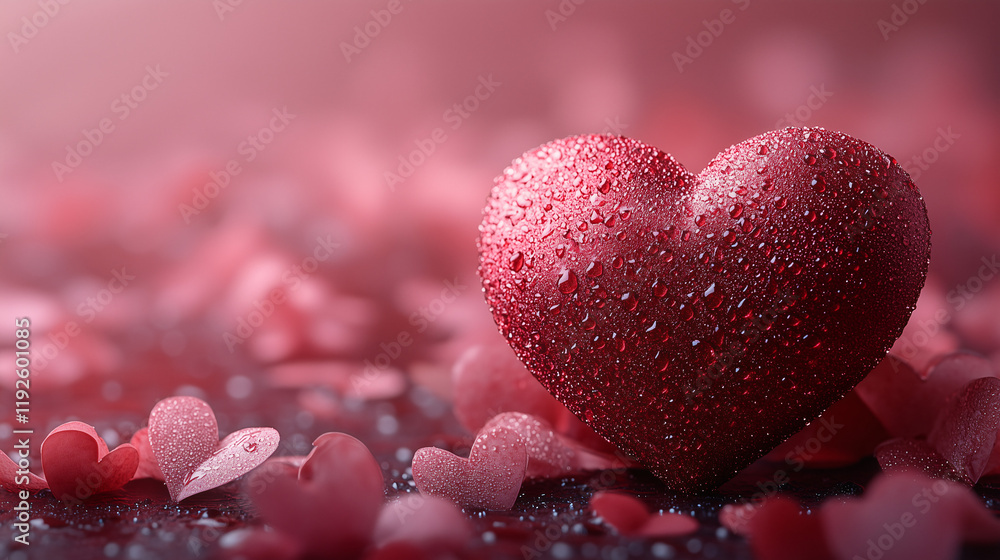 Fototapeta premium Romantic Valentine's Day Background with Dewy Red Heart and Petals