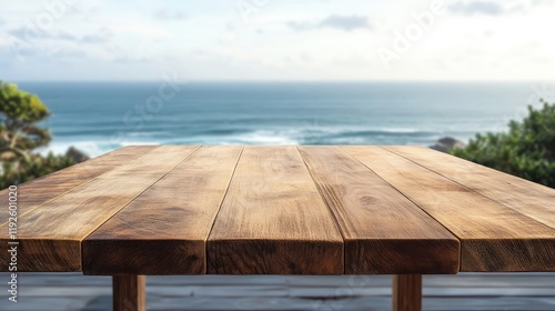 Scenic Ocean View with Empty Rustic Wooden Table for Minimalist Design and Relaxation Concepts