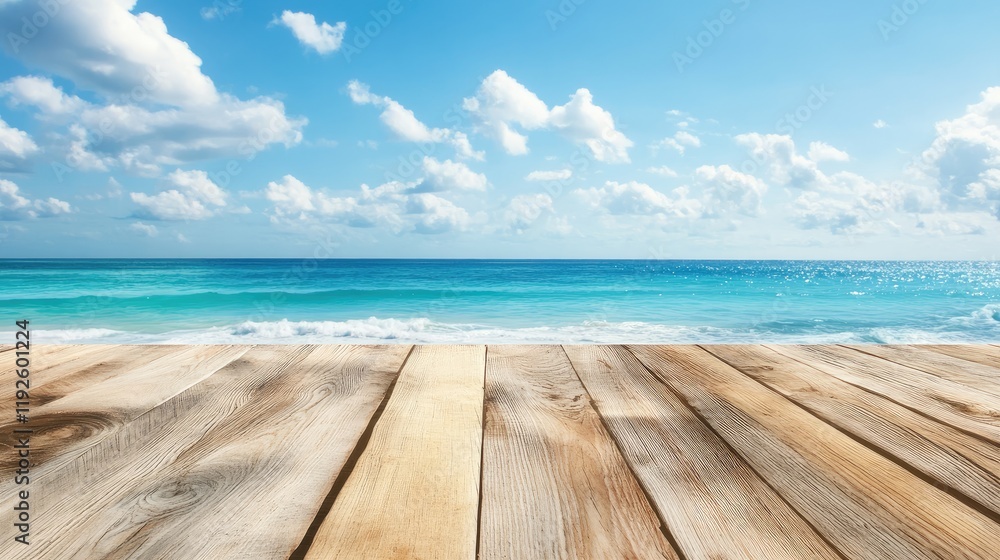 Fototapeta premium Empty wooden tabletop overlooking a serene ocean and beach view with clear blue skies and soft clouds in the background