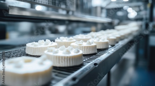 Freshly crafted farm cheese wheels on production line preparing for packaging and distribution in modern dairy facility photo