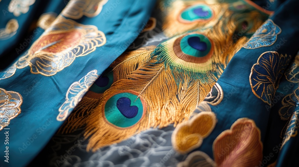 Fototapeta premium Peacock feather inspired colorful robe flat lay showcasing intricate embroidery and vibrant textures