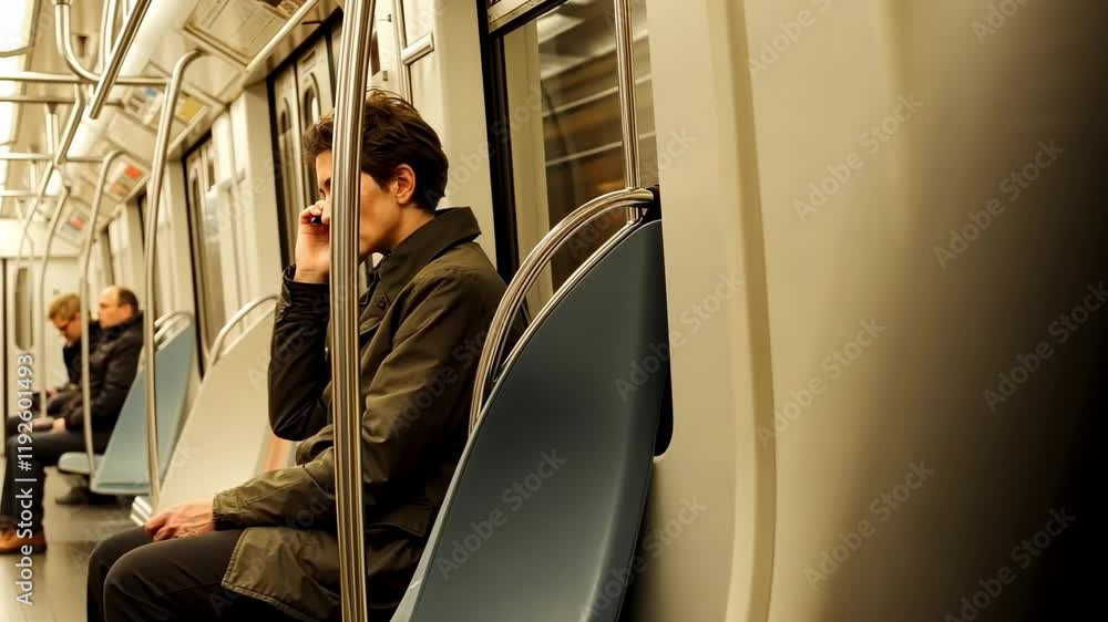 Urban commute: passengers traveling in a moving subway train Urban commute: passengers traveling in a moving subway train