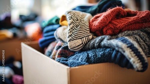 Cardboard box overflowing with colorful knitted sweaters and socks ready for donation at community center for clothing drive