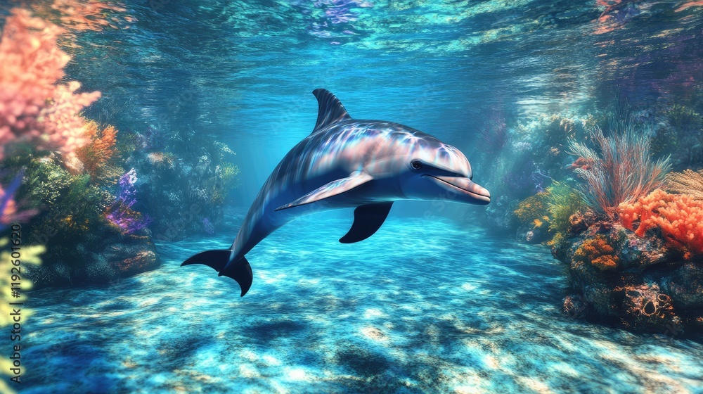 Obraz premium Dolphin swimming gracefully in clear tropical ocean surrounded by vibrant coral reefs and colorful marine life