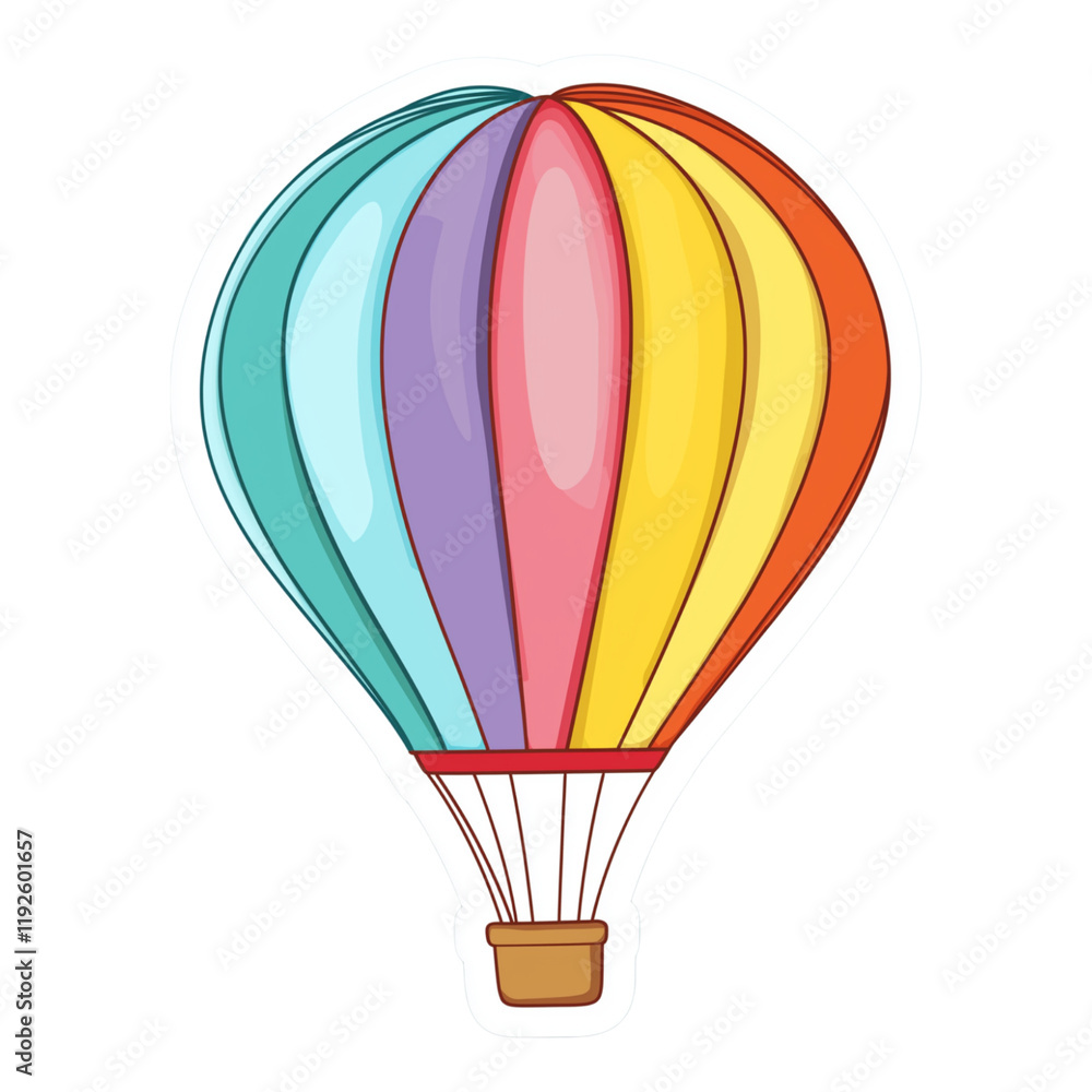 Fototapeta premium Sticker, a 2D colorful hot air balloon floating, bold white outline on a light sky blue solid background