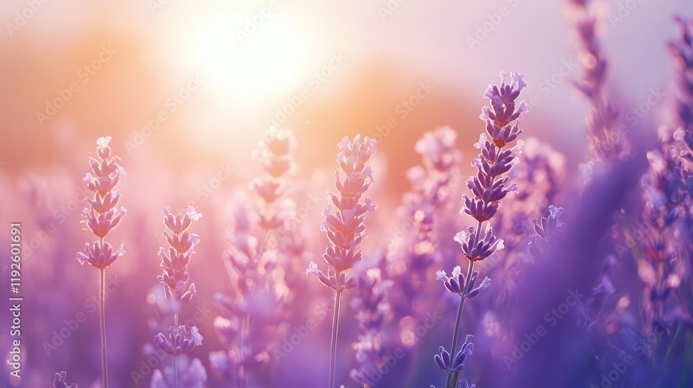 Lavender field at sunset with soft light creating a serene atmosphere and a focus on delicate lavender blossoms in bloom. Lavender field at sunset with soft light creating a serene atmosphere and a focus on delicate lavender blossoms in bloom.