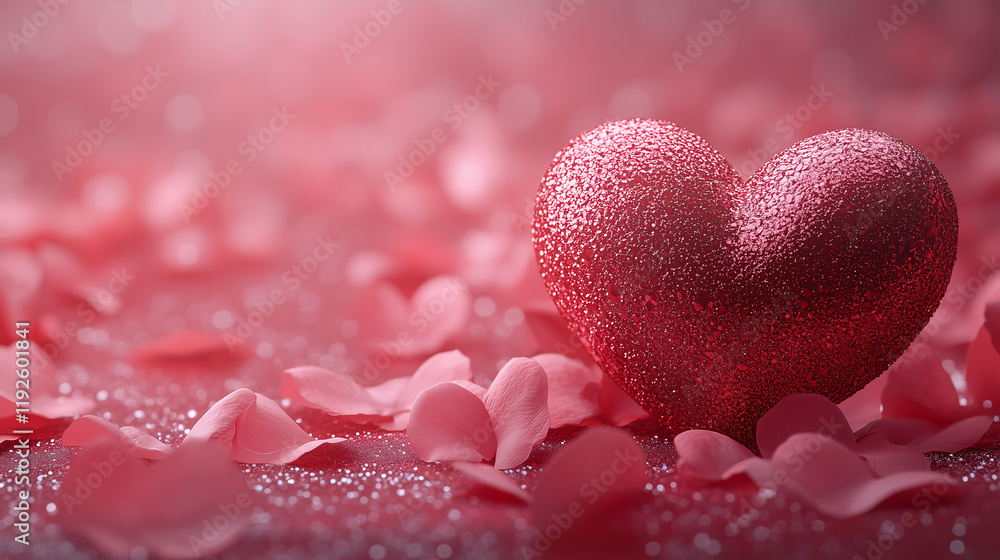 Obraz premium Romantic Valentine's Day Background with Dewy Red Heart and Petals