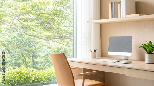 Modern workspace featuring a computer, chair, and greenery outside the window.