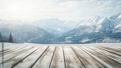 Winter Landscape with Snow-Covered Mountains and Empty Wooden Table Ideal for Nature and Travel Themes High Quality Photography