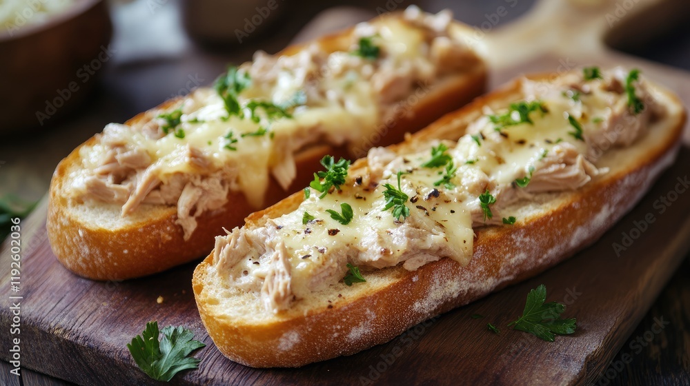 Savory tuna melts topped with melted cheese on crispy baguette slices garnished with fresh herbs Savory tuna melts topped with melted cheese on crispy baguette slices garnished with fresh herbs