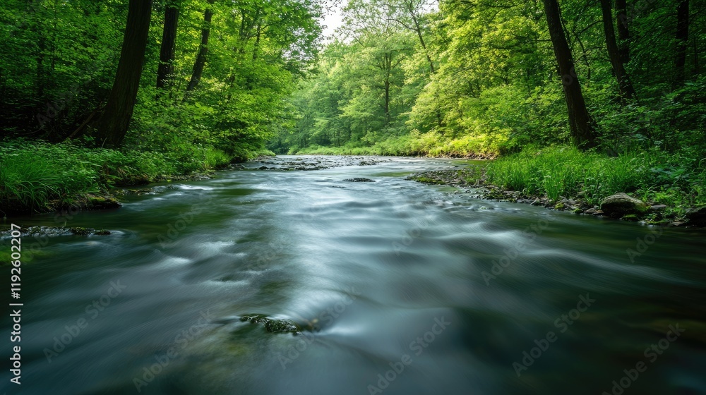 Serene fast river flowing through lush green forest ideal for kayaking adventures in summer captured with long exposure technique Serene fast river flowing through lush green forest ideal for kayaking adventures in summer captured with long exposure technique