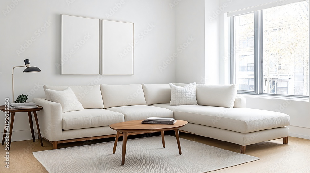 Modern living room featuring a white sectional sofa and minimalist decor with natural light. Modern living room featuring a white sectional sofa and minimalist decor with natural light.