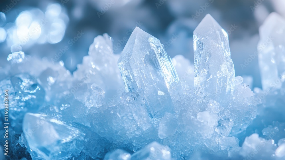 Obraz premium Detailed close-up view of transparent ice-like crystals with a shimmering blue background showcasing natural mineral formations.