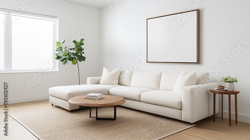 Modern living room with a white couch, wooden coffee table, and natural light from a window.