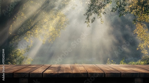 Serene Empty Wooden Table Surrounded by Sunlit Forest Rays and Nature Background