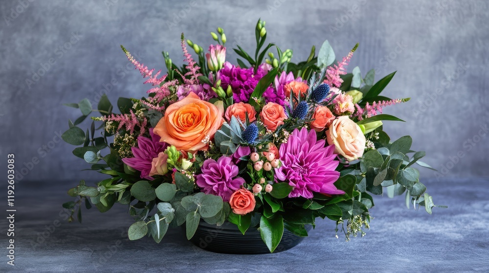 Fototapeta premium Vibrant floral arrangement featuring colorful flowers designed to promote relaxation and enhance interior aesthetics