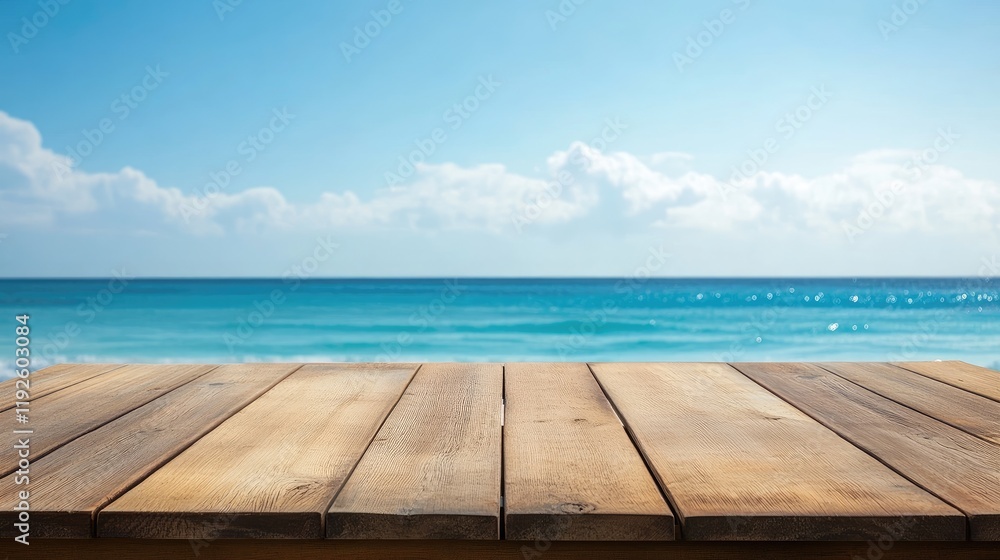Warm Wooden Tabletop Against Serene Blue Ocean Beach Background Ideal for Product Display or Relaxation Themes Warm Wooden Tabletop Against Serene Blue Ocean Beach Background Ideal for Product Display or Relaxation Themes