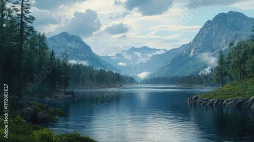 Serene mountain landscape with tranquil lake surrounded by lush forests and misty peaks under a cloudy sky ideal for nature enthusiasts. photo