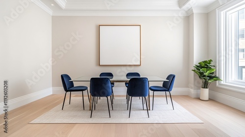 Modern conference room with a minimalist design, featuring a table, chairs, and natural light.