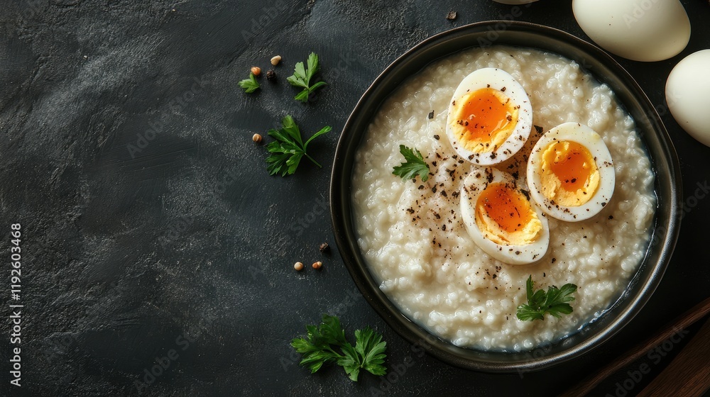 Delicious rice porridge with soft boiled eggs garnished with parsley and spices on a dark textured background Delicious rice porridge with soft boiled eggs garnished with parsley and spices on a dark textured background