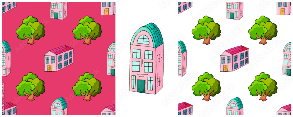 Houses. Set city seamless patterns. Pattern in hand draw style Houses. Set city seamless patterns. Pattern in hand draw style
