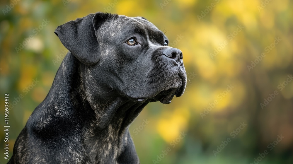 Cane Corso dog portrait with blurred green and yellow background showcasing its noble expression and strong features Cane Corso dog portrait with blurred green and yellow background showcasing its noble expression and strong features