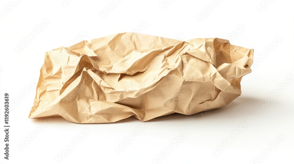 Crumpled brown paper bag on a clean white background showcasing texture and natural color for creative design purposes Crumpled brown paper bag on a clean white background showcasing texture and natural color for creative design purposes