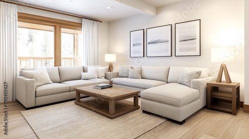 Modern living room featuring a cozy sectional sofa, wooden accents, and natural light from large windows.