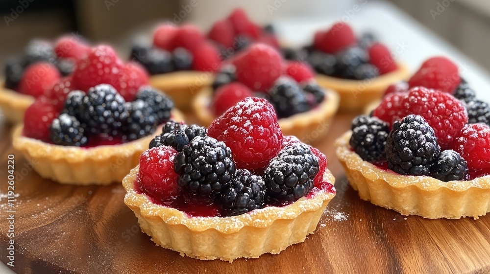 Fresh berry tarts arranged on a wooden board showcasing vibrant colors and a tempting sugar dusting perfect for dessert promotions