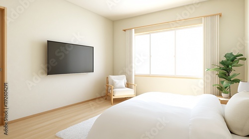 Bright, modern bedroom featuring a bed, TV, and natural light from a large window.