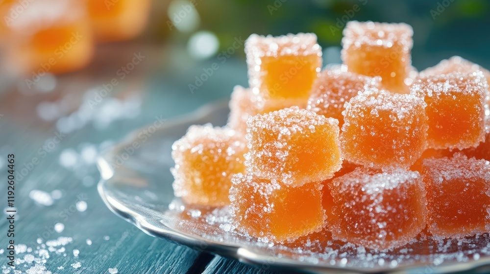 Marmalade candy cubes dusted with white sugar resting on a silver plate with a rustic wooden background Marmalade candy cubes dusted with white sugar resting on a silver plate with a rustic wooden background