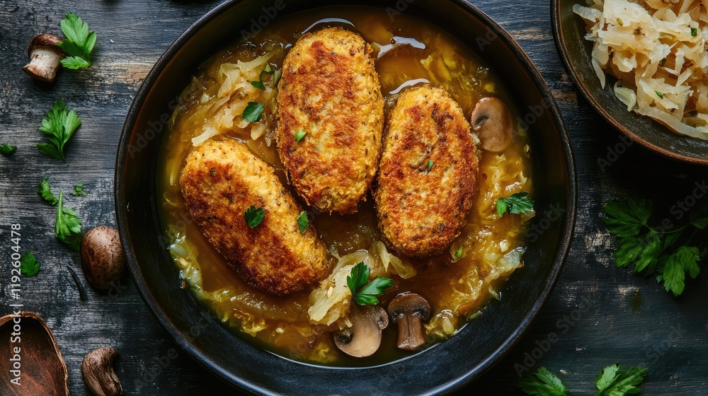 Croquettes with sauerkraut and mushrooms in savory soup served with garnishes and fresh herbs on rustic wooden background Croquettes with sauerkraut and mushrooms in savory soup served with garnishes and fresh herbs on rustic wooden background