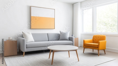 Modern living room featuring a gray sofa, orange chair, and bright artwork against a white wall.