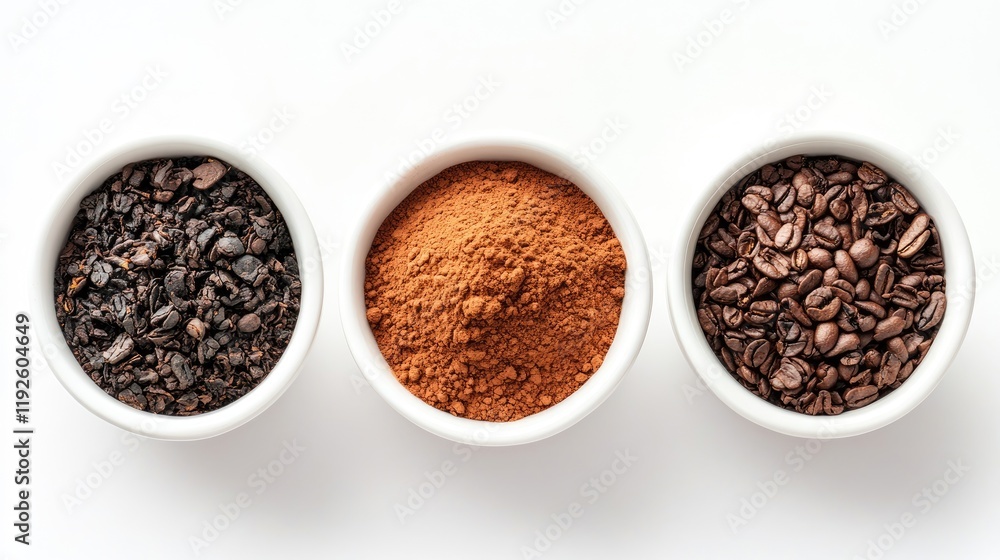 Cocoa powder ground coffee and dried tea leaves arranged in white ceramic containers on a clean white background for culinary presentations Cocoa powder ground coffee and dried tea leaves arranged in white ceramic containers on a clean white background for culinary presentations