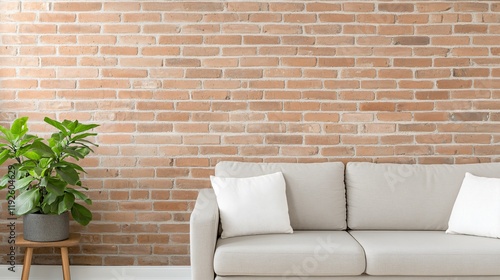 Cozy living room featuring a light sofa, decorative pillows, and a green plant against a rustic brick wall.