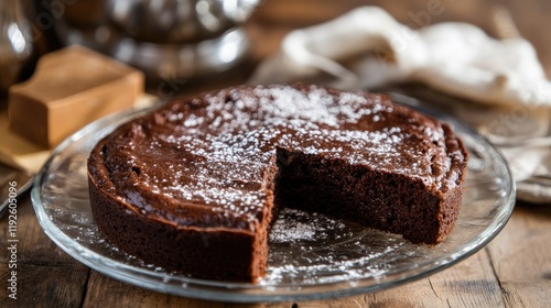 Decadent chocolate cake with powdered sugar on glass plate showcasing a slice and rustic wooden background