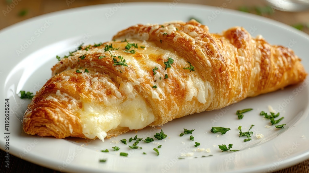 Delicious cheesy croissant garnished with herbs on an elegant white plate perfect for breakfast or brunch themes Delicious cheesy croissant garnished with herbs on an elegant white plate perfect for breakfast or brunch themes