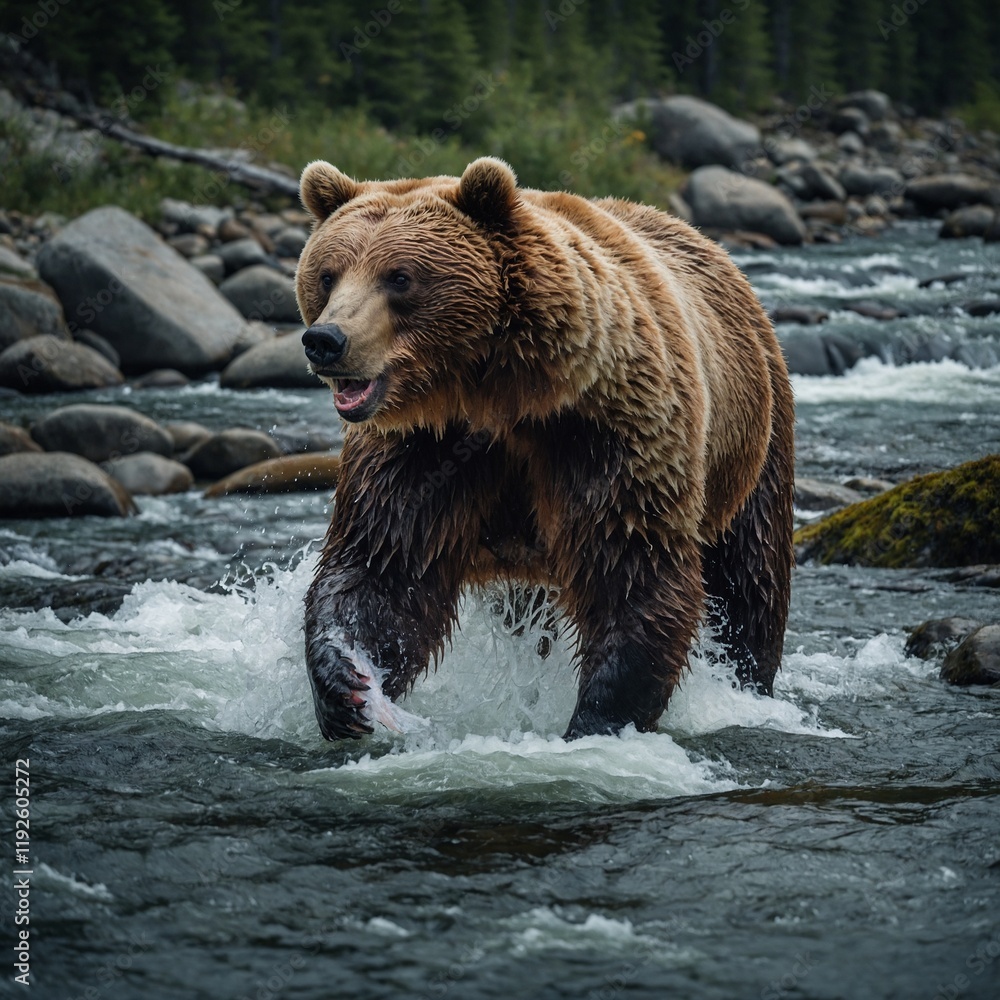 A bear catching salmon in a rushing river. A bear catching salmon in a rushing river.