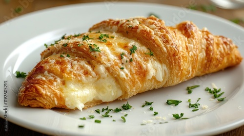 Delicious cheesy croissant garnished with herbs on an elegant white plate perfect for breakfast or brunch themes photo