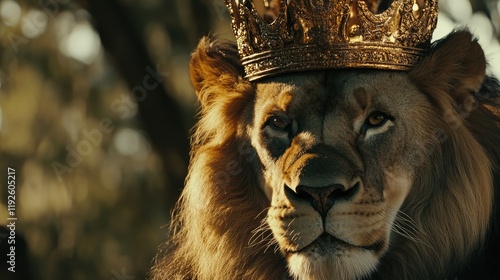 Majestic lion wearing a golden crown symbolizing regal authority and the king of the jungle in a natural setting photo