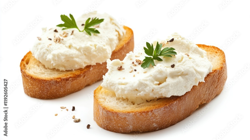 Crostini with creamy cheese spread and parsley garnished on toasted bread slices isolated on white background Crostini with creamy cheese spread and parsley garnished on toasted bread slices isolated on white background